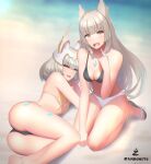  absurdres animal_ears artist_name ass bikini cat_ears chest_jewel fang grey_hair highres long_hair looking_at_viewer lying mio_(xenoblade) mismatched_bikini mother_and_daughter nia_(xenoblade) on_side open_mouth sandals seiza short_hair sitting swimsuit xenoblade_chronicles_(series) xenoblade_chronicles_2 xenoblade_chronicles_3 yellow_eyes zambonito 