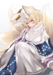  1girl animal_ears blonde_hair blush breasts closed_mouth dress fox_ears fox_tail frilled_sleeves frills hat highres large_breasts long_sleeves mob_cap multiple_tails sarasadou_dan short_hair simple_background solo tabard tail touhou white_background white_dress white_headwear wide_sleeves yakumo_ran yellow_eyes 