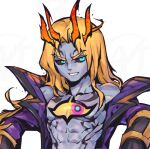  1boy abs black_sclera blonde_hair collarbone colored_sclera colored_skin crown eye_tattoo green_eyes grey_skin grin jacket league_of_legends long_hair male_focus off_shoulder parted_bangs phantom_ix_row purple_jacket simple_background smile solo soul_fighter_viego teeth upper_body viego_(league_of_legends) white_background 