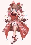  1girl animal_on_shoulder black_gloves blue_eyes bow breasts brown_hair collared_shirt dress_flower flower gloves hair_bow hair_flower hair_ornament highres layered_skirt looking_at_animal may_(pokemon) medium_hair open_mouth overskirt pokemon pokemon_(creature) pokemon_(game) pokemon_rse red_bow red_shirt red_skirt shirt shorts skirt skitty small_breasts smile white_background white_footwear white_shorts yukikokoro 