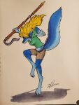  2022 anthro black_nose blonde_hair blue_body blue_fur bottomwear breasts canid canine canis charity_cross clothed clothing commandercross copic dipstick_ears female fur gloves_(marking) hair hi_res leg_markings mammal markings midriff multicolored_ears navel shorts socks_(marking) solo staff tail wolf 