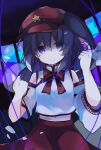  1girl bare_shoulders bow bowtie cabbie_hat chuqi1030 commentary detached_sleeves hat hat_ornament head_tilt label_girl_(dipp) long_hair long_sleeves looking_at_viewer mandarin_collar midriff_peek navel noose purple_eyes red_bow red_bowtie red_headwear red_skirt rope side_ponytail skirt smile solo star_(symbol) star_hat_ornament symbol-only_commentary touhou white_sleeves wide_sleeves 