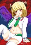  1boy angel angel_wings bead_necklace beads beatmania beatmania_iidx blonde_hair blush character_name demon_boy demon_horns feathered_wings gradient_wings green_necktie green_ribbon halo highres horns jewelry long_sleeves looking_at_viewer male_focus mars_symbol marumaru_uhuhu medium_hair midriff multicolored_wings navel necklace necktie open_mouth otoko_no_ko purple_wings rche_(beatmania) red_eyes ribbon shorts sitting smile star_(symbol) star_halo thighhighs white_shorts white_thighhighs wings 