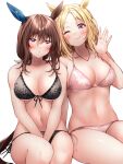  2girls ;) admire_vega_(umamusume) animal_ears bare_shoulders bikini blonde_hair blue_bikini blush breasts brown_hair cleavage closed_mouth collarbone commentary_request ear_covers floral_print hair_between_eyes halterneck hand_up highres horse_ears horse_girl horse_tail jewelry long_hair looking_at_viewer low_ponytail medium_breasts multiple_girls narita_top_road_(umamusume) navel necklace one_eye_closed parted_bangs pink_bikini ponytail purple_eyes red_hayao short_hair side-tie_bikini_bottom sidelocks simple_background single_ear_cover sitting smile stomach string_bikini swimsuit tail umamusume white_background 