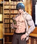  1boy abs alternate_costume artist_name belt black-framed_eyewear black_belt blue_eyes blue_hair blurry blurry_background book bookshelf byleth_(fire_emblem) byleth_(male)_(fire_emblem) closed_mouth collarbone commentary english_commentary esther_shen fire_emblem fire_emblem:_three_houses glasses grey_pants hair_between_eyes hand_on_own_hip holding holding_book indoors knife large_pectorals long_sleeves looking_at_viewer male_focus muscular muscular_male nipples open_clothes open_shirt pants pectorals serious shirt short_hair solo weapon white_shirt 