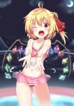  1girl ;d ass_visible_through_thighs bare_shoulders bikini blonde_hair blush bow collarbone crescent_moon fang flandre_scarlet flat_chest flower hair_flower hair_ornament hair_ribbon heart highres kuro_(baseball0000) looking_at_viewer moon navel night night_sky one_eye_closed outdoors pink_bow red_bikini red_eyes ribbon see-through short_hair skin_fang sky smile solo standing striped striped_bikini sunflower sunflower_hair_ornament swimsuit touhou water 