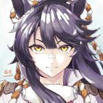  1girl animal_ears artist_name bandaid bandaid_on_face bandaid_on_nose black_hair closed_mouth coat commentary_request dated ear_ornament frown fur-trimmed_jacket fur_trim hair_between_eyes highres horse_ears jacket long_hair looking_at_viewer narita_brian_(umamusume) open_mouth ponytail popped_collar portrait rope shimenawa solo straight-on tenkey2022 umamusume v-shaped_eyebrows very_long_hair white_background white_coat yellow_eyes 