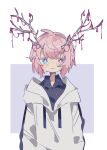  1boy absurdres antlers arms_at_sides black_shirt blood blue_eyes bright_pupils collared_shirt commentary_request crying crying_with_eyes_open drawstring heterochromia highres hood hood_down hoodie looking_at_viewer male_focus original parted_lips pink_eyes pink_hair raito-kun_(uenomigi) shirt short_hair solo straight-on tears uenomigi upper_body white_pupils 