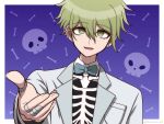  1boy amami_rantaro black_shirt bone border bow bowtie breast_pocket claw_ring collared_shirt danganronpa_(series) danganronpa_v3:_killing_harmony ear_piercing earrings gradient_background green_bow green_bowtie green_eyes green_hair hair_between_eyes halloween_costume highres jacket jewelry male_focus open_clothes open_jacket piercing pocket ring shirt short_hair skull_background skull_print suiren_yurei two-tone_shirt white_border white_jacket white_shirt 