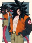  absurdres belt black_hair black_jacket dragon_ball dragon_ball_gt dragon_ball_z gigatan_d green_pants hands_in_pockets highres jacket long_hair looking_at_viewer male_focus monkey_boy monkey_tail multicolored_clothes multicolored_jacket muscular muscular_male orange_jacket pants pectorals red_fur shirt son_goku tail two-tone_jacket white_shirt yellow_eyes 