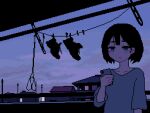  1girl animated animated_gif balcony black_hair blue_eyes cellphone closed_mouth holding holding_phone nanami_yuki_(yuki77mi) original phone pixel_art shirt shoes short_hair sky solo twilight upper_body white_shirt wind 