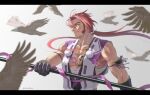  1boy arm_strap bandaged_torso bandages bara biceps bird commentary_request gloves highres holding holding_polearm holding_weapon japanese_clothes long_sideburns looking_at_viewer male_focus muscular muscular_male obonbom orange_eyes pectoral_cleavage pectorals polearm ponytail red_hair sideburns smile tonbokiri tonbokiri_(touken_ranbu) touken_ranbu twitter_username weapon white_background 