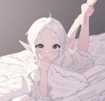  1girl barefoot bed bed_sheet blush brown_eyes dress frilled_dress frills hand_on_own_face highres holding holding_pillow legs_up lucasyecla99 lying mushoku_tensei pajamas pillow pointy_ears short_hair smile solo sylphiette_(mushoku_tensei) white_dress white_hair 