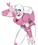  1girl arcee autobot backpack bag blue_eyes breasts colored_skin dumbdelvon heart helmet highres humanoid_robot medium_breasts one_eye_closed robot simple_background thighs transformers v white_background 