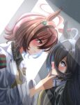  2girls absurdres agnes_tachyon_(umamusume) ahoge animal_ears black_hair black_jacket black_necktie black_shirt blush brown_hair buckwheat638478 chemical_structure closed_mouth coat collared_shirt commentary_request earrings from_side hair_between_eyes hand_on_another&#039;s_chin highres horse_ears horse_girl jacket jewelry long_hair long_sleeves manhattan_cafe_(umamusume) multicolored_hair multiple_girls necktie pen shirt short_hair single_earring streaked_hair sweater_vest umamusume upper_body white_coat white_hair yellow_eyes yellow_necktie yellow_sweater_vest 