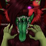  absurd_res anthro biscuit_(disambiguation) deer fangs green hi_res invalid_tag male male/male mammal mouth_shot open_mouth palate purple red slime solo teeth throat tocatao tongue 