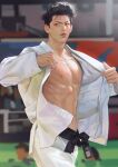  1boy abs bare_pectorals belt black_belt black_hair blurry blurry_background dougi jnkku large_pectorals male_focus mito_youhei muscular muscular_male navel nipples open_clothes pants parted_lips pectorals short_hair slam_dunk_(series) solo white_pants 