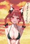  1girl absurdres animal_ear_fluff animal_ears beach bikini black_bow bow braid breasts cat_ears cat_girl cloud cloudy_sky collarbone facing_viewer fang green_bikini hair_bow highres kaenbyou_rin lips long_eyelashes looking_at_viewer medium_breasts navel ocean open_mouth outdoors parted_lips red_eyes red_sky short_hair sky solo speech_bubble stomach strap sugar_you sunset swimsuit tongue touhou translation_request twin_braids upper_body 