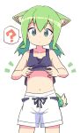  1girl ? animal_ear_fluff animal_ears bare_arms bare_shoulders black_tank_top blush closed_mouth clothes_lift collarbone commentary_request cowboy_shot green_eyes green_hair hair_between_eyes highres looking_at_viewer midriff navel original roku_no_hito shirt_lift shorts solo spoken_question_mark standing tail tank_top twintails white_shorts 