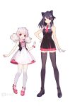  2girls :d animal_ears ankle_bow anklet bare_arms bare_shoulders bcy black_bow black_footwear black_hair black_shirt black_thighhighs black_vest bow bracelet cat_ears cat_hair_ornament closed_mouth collared_dress collared_shirt copyright_name dress dress_bow full_body gloves hair_bow hair_ornament hand_on_own_hip hand_up highres jewelry knees_together_feet_apart layered_dress legs_apart logo looking_at_viewer low_twintails medium_hair miao_jiujiu miniskirt multiple_girls neck_ribbon necktie official_art open_clothes open_vest pigeon-toed pink_bow pink_footwear pink_necktie pink_ribbon pink_skirt pleated_skirt ponytail red_eyes ribbon ruan_miemie shirt skirt sleeveless sleeveless_dress sleeveless_shirt smile standing tachi-e thighhighs transparent_background twintails vest white_dress white_gloves white_hair white_thighhighs zettai_ryouiki 