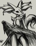  ambiguous_gender anthro aph_(artist) bottomwear braixen clothed clothing clothing_lift delphox ear_piercing ear_ring eldritch_abomination fan_character flesh_creature fluffy generation_6_pokemon hybrid looking_at_viewer nintendo panties piercing pokemon pokemon_(species) raised_bottomwear raised_clothing raised_skirt ring_piercing skirt skirt_lift solo the_thing_(organism) thick_thighs underwear upskirt wide_pupils 