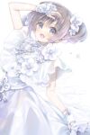  1girl :d arm_up brown_hair commentary_request dress ech fingerless_gloves flower gloves hair_flower hair_ornament highres looking_at_viewer original see-through simple_background smile solo two_side_up white_background white_dress white_flower white_gloves 