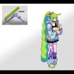  1girl big_swig_roller_(splatoon) blue_eyes crazy_straw cup drinking_straw drinking_straw_in_mouth food full_body glasses green_hair heterochromia highres holding holding_cup jacket kneehighs long_hair long_sleeves open_clothes open_jacket personification popcorn purple_socks purple_thighhighs reference_inset round_eyewear sido_(slipknot) signature simple_background single_kneehigh single_sock single_thighhigh skirt socks solo splatoon_(series) standing star_(symbol) thighhighs very_long_hair yellow_eyes 