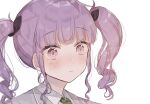  1girl bang_dream! blazer closed_mouth collared_shirt commentary_request dot_nose drill_hair expressionless frown green_necktie grey_jacket hair_ornament jacket lapels light_blush long_hair looking_ahead necktie partial_commentary portrait purple_eyes purple_hair shain shirt sidelocks solo twin_drills twintails udagawa_ako upper_body white_shirt 