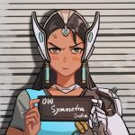  1girl anger_vein angry annoyed barbie_(franchise) barbie_(live_action) barbie_mugshot_(meme) black_hair character_name dark-skinned_female dark_skin earrings english_commentary forehead_jewel headgear highres jewelry long_hair looking_at_viewer mechanical_arms meme overwatch overwatch_1 single_mechanical_arm solo symmetra_(overwatch) westwheatwheat 