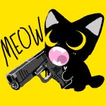  ambiguous_gender black_body different_strokes domestic_cat english_text felid feline felis feral gun handgun imminent_violence mammal meow open_mouth pester pistol ranged_weapon simple_background solo tail teeth text violence weapon yellow_background yellow_sclera 