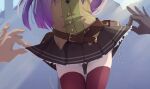  1boy 1girl belt black_gloves black_skirt book brown_vest clothes_lift cowboy_shot glint gloves highres kasumi_(princess_connect!) long_hair miniskirt motion_lines out_of_frame pouch pov pov_hands princess_connect! purple_hair red_thighhighs shijima_(shizima_03) single_glove skirt skirt_lift thighhighs vest 