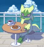  claws closed_mouth cloud commentary_request cup day doughnut floragato food highres ibusaki_(ivu) outdoors pokemon pokemon_(creature) saucer sky solo table water 