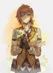  1boy belt_pouch bob_cut brown_hair dated double-parted_bangs eiyuu_densetsu elliot_craig floral_background flower gloves green_eyes holding holding_flower jacket looking_at_viewer open_mouth orchid portrait pouch saymel679 sen_no_kiseki sen_no_kiseki_iii shaded_face short_hair smile solo twitter_username 