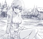  1girl blush breasts closed_mouth greyscale house large_breasts liar_lawyer looking_at_viewer monochrome nikka_edvardine_katajainen outdoors ribbed_sweater short_hair sitting solo strike_witches sweater world_witches_series 