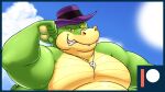  2023 5_fingers alligator alligatorid anthro belly brok_(character) brok_the_investigator clothing cloud crocodilian darknessminotaur fingers green_body hat headgear headwear hi_res male moobs outside overweight overweight_male reptile scalie solo sun 