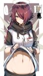  ! !! ... 1girl 1other arknights clothes_writing doctor_(arknights) exusiai_(arknights) gin_moku groin halo highres id_card jacket looking_at_viewer midriff navel red_eyes red_hair short_hair short_sleeves spoken_ellipsis stomach upper_body white_jacket 