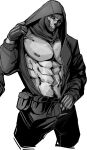  1boy abs absurdres bara bare_pectorals call_of_duty call_of_duty:_modern_warfare_2 clothes_pull fartingdoggi ghost_(modern_warfare_2) gloves greyscale highres hood hood_up jacket large_pectorals male_focus mask monochrome muscular muscular_male navel nipples open_clothes open_jacket pants pectorals simple_background skull_mask solo 
