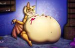  2023 absurd_res anthro artist_name bat belly big_belly big_breasts blush box breasts cassidy_(englishweasel) container deep_navel dessert digital_media_(artwork) featureless_breasts female food fur hi_res huge_belly mammal messy navel nude open_mouth orange_body orange_fur pastry shelf sitting solo stuffing viroveteruscy weight_gain winged_arms wings yellow_eyes 
