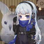  1girl absurdres bkornblume black_cape black_coat black_gloves blue_flower blue_scarf brooch cape chibi closed_mouth coat cornflower dizhu flower fox gloves hand_up headphones highres jewelry long_hair long_sleeves looking_at_viewer reverse:1999 scarf smile sparkle very_long_hair white_hair 