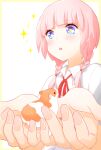  :o animal blush border braid collared_shirt hamster highres holding holding_animal kaf_(kamitsubaki_studio) kamitsubaki_studio looking_down low_twin_braids memori_(egachachachan) multicolored_eyes own_hands_together pink_hair red_ribbon ribbon seed shirt sparkle twin_braids virtual_youtuber white_background white_shirt yellow_border yellow_pupils 