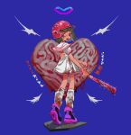  1girl baseball_bat blood blood_on_clothes blood_on_face blood_on_hands blood_on_weapon blue_background blunt_bangs bob_cut commentary_request dress faux_figurine frilled_dress frills from_behind full_body green_hair halo heart heart_(organ) heel_up helmet holding holding_baseball_bat holding_weapon looking_at_viewer looking_back nail nail_bat open_mouth original oshio_(shioqqq) pink_eyes pink_footwear puffy_short_sleeves puffy_sleeves red_headwear ribbed_socks shoes short_dress short_hair short_sleeves simple_background socks solo standing sticker translation_request weapon white_dress white_socks 