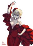  1girl alternate_costume arm_up bare_shoulders blonde_hair breasts cleavage collarbone cowboy_shot dated dress fairy_tail fairy_tail_logo flower hair_flower hair_ornament hand_tattoo highres jewelry large_breasts long_hair lucy_heartfilia mashima_hiro red_dress red_eyes red_flower ring shiny_skin short_sleeves signature simple_background smile solo tattoo white_background 