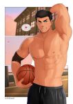  1boy abs absurdres arm_behind_head artist_name ball bara basketball_(object) black_hair black_shorts green_eyes highres holding holding_ball large_pectorals male_focus mikicat muscular muscular_male navel nipples original pectorals short_hair shorts smile solo teeth topless_male 