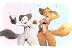  anthro arctic_fox black_ears blush breasts canid canine duo eyebrows fan_character female female/female fist floppy_ears fox fur genitals gesture hand_on_hip hi_res looking_away mammal medium_breasts nude o0o-bittersweet-o0o orange_body orange_fur pointing pussy raised_arm red_fox sketch small_breasts smile standing white_body white_fur 