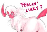  2012 absol all_fours blue_eyes blush blush_lines butt chest_tuft dialogue digital_drawing_(artwork) digital_media_(artwork) female feral furreon generation_3_pokemon looking_at_viewer narrowed_eyes nintendo pokemon pokemon_(species) shiny_pokemon smile solo solo_focus standing tail tuft white_body 