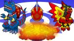  allomon artist_request bug digimon digimon_(creature) digimon_crest digitama dinosaur egg fiery_aura no_humans official_art salamandamon salamander shadramon stitched_mouth stitches wings 