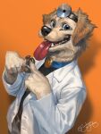  absurd_res anthro bird_dog blue_eyes canid canine canis claws clothing coat domestic_dog ewademar golden_retriever hi_res hunting_dog lab_coat male mammal retriever solo tongue tongue_out topwear 