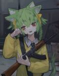  1girl ak-47 animal_ears assault_rifle black_necktie blood blood_on_clothes blood_on_face bow cat_ears cat_tail character_request collared_shirt copyright_request double-parted_bangs fang green_hair gun hair_between_eyes hair_bow hands_up head_tilt heterochromia highres holding holding_gun holding_weapon kalashnikov_rifle light_smile long_hair long_sleeves looking_at_viewer low_twintails multiple_animal_ears necktie open_mouth outdoors red_eyes rifle shirt skin_fang solo sweater tail tsurami96 twintails upper_body weapon white_shirt yellow_bow yellow_eyes yellow_sweater 