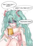  1girl absurdres alcohol bandaid beer blue_eyes blue_hair blush drunk fang hair_between_eyes hair_ornament hatsune_miku highres knees_up long_hair miku_day open_mouth pink_tank_top shaded_face skin_fang sweat tank_top twintails twitter_username very_long_hair vocaloid white_background wwparasi x_hair_ornament 