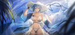  1girl absurdres babydoll beach belt bikini bird blue_belt blue_hair blue_sky bow breasts breasts_apart chest_belt cloud cloudy_sky cowboy_shot eula_(genshin_impact) flower_ornament folding_fan genshin_impact hairband halterneck hand_fan hand_up hat highres holding holding_clothes holding_fan holding_hat lace-trimmed_bikini lace_trim large_breasts leaf looking_at_viewer medium_hair navel parted_lips seagull sky solo stomach straight-on sun_hat swimsuit underbust white_babydoll white_bikini white_bow white_hairband white_headwear wind wrist_straps yellow_eyes yonesdraws 